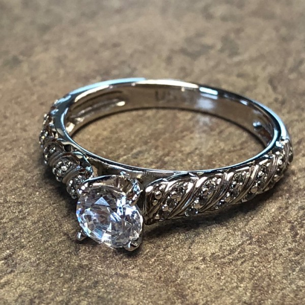 14K White Gold Pave Diamond Accent Engagement Ring